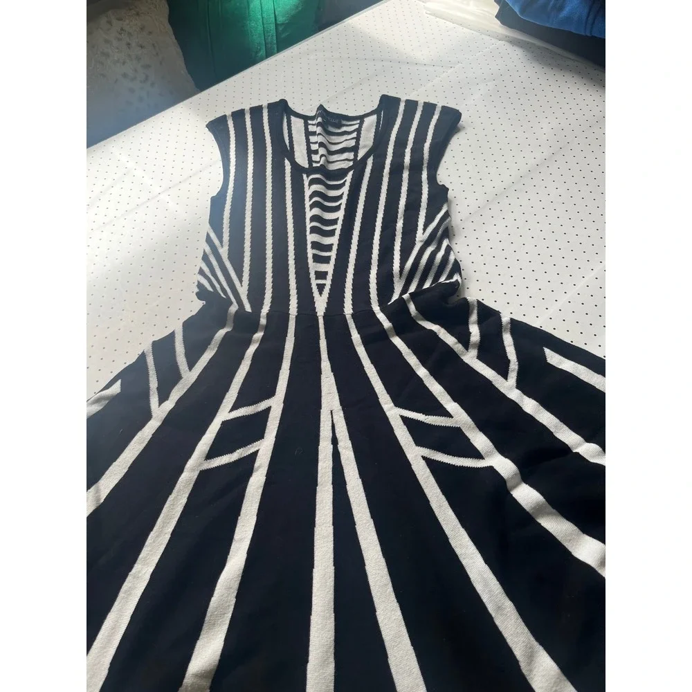Womens Black White Striped Sweater Knit Geometric Knit Fit & Flare Dress Medium
